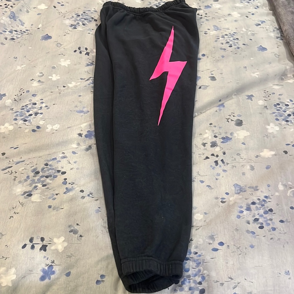 Aviator Nation blue/grey heather sweatpants with hot pink lightning bolt Size S